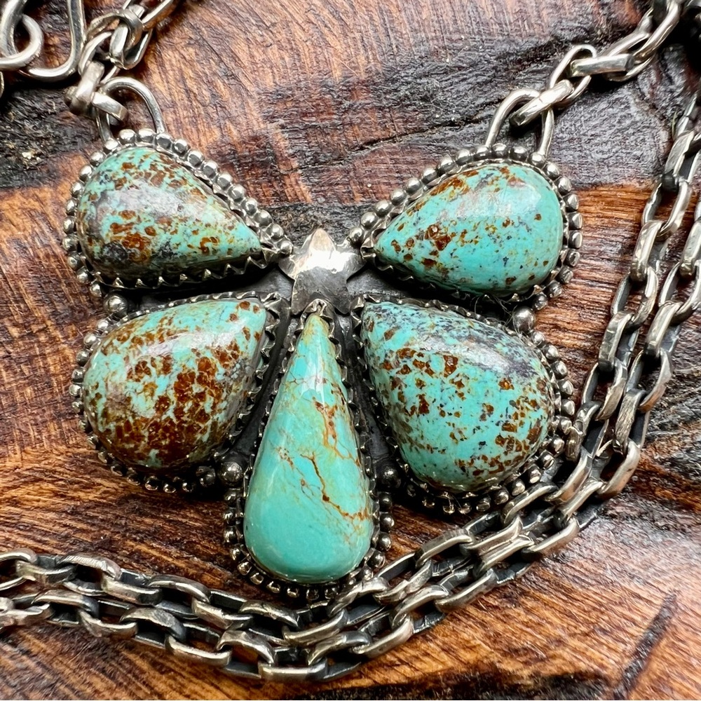925 Sterling Silver Turquoise Cluster Necklace •Southwestern• - Picture 2 of 14